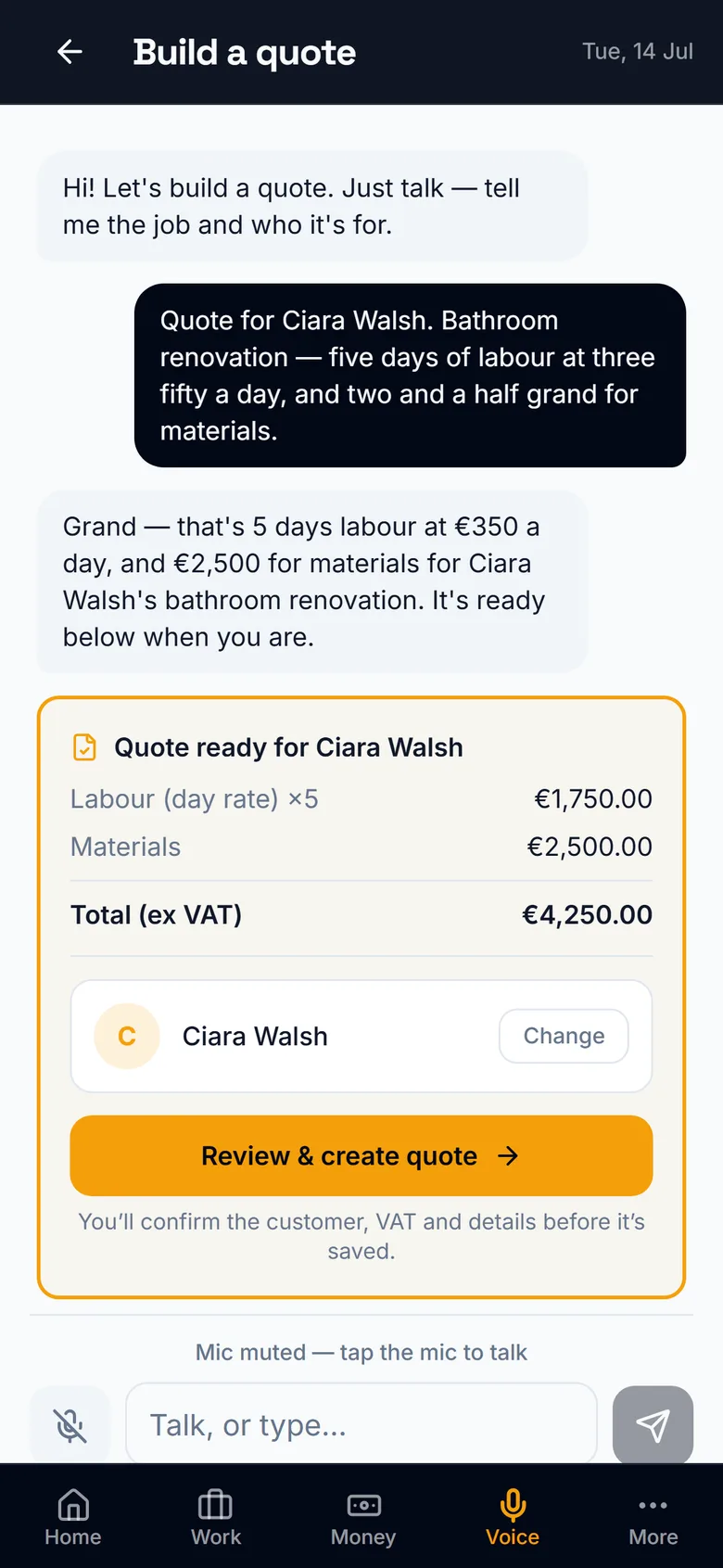 Grafta's AI assistant with a finished quote built from a spoken job description