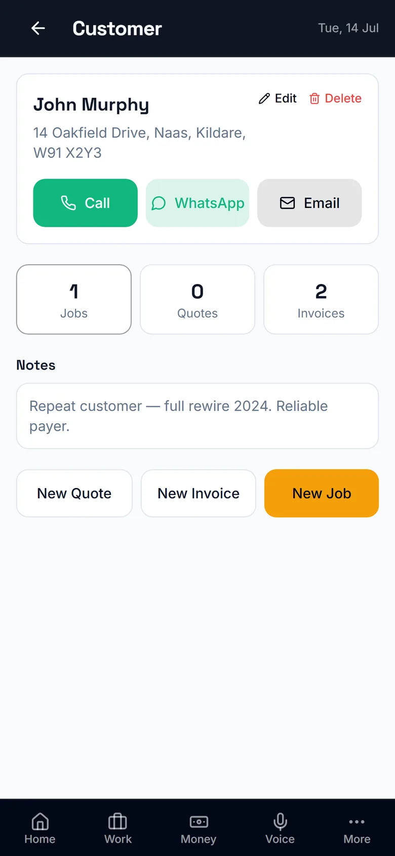 A customer profile in Grafta with jobs, quotes and payment history
