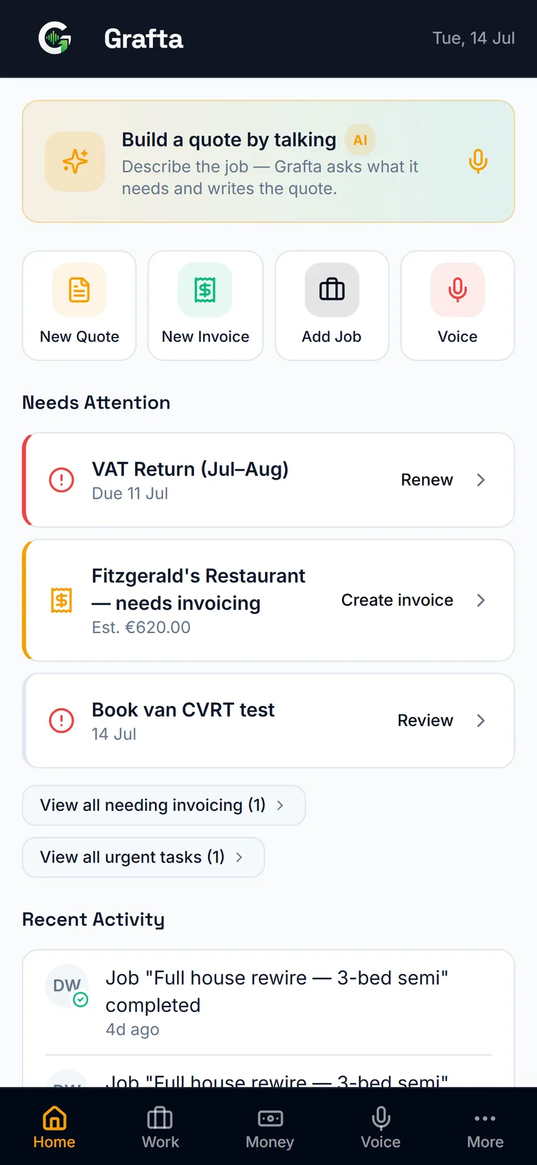 Grafta's home dashboard showing what needs attention