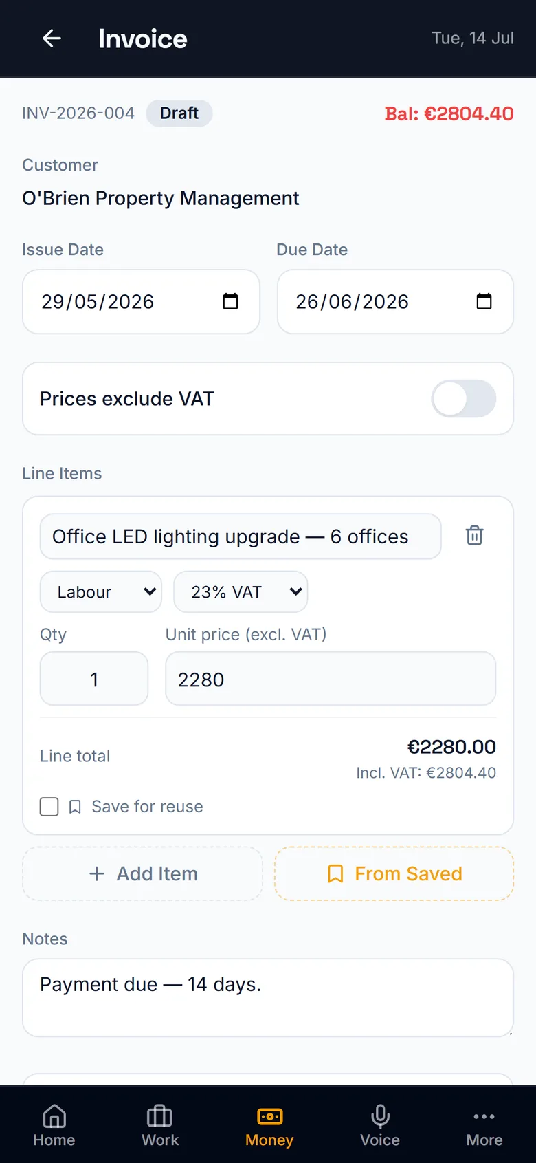 A VAT invoice in Grafta with payment details