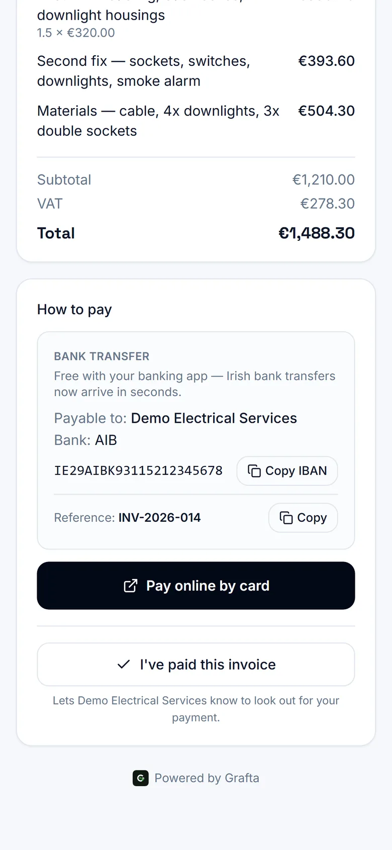 A customer's invoice page with Copy IBAN and Pay online