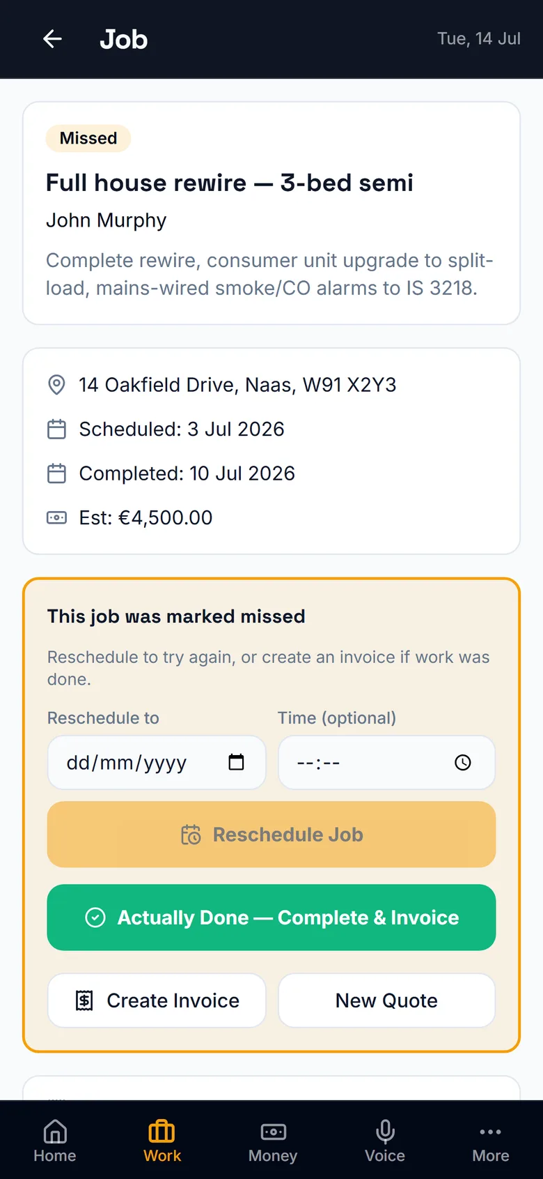A job in Grafta with status, notes and linked money