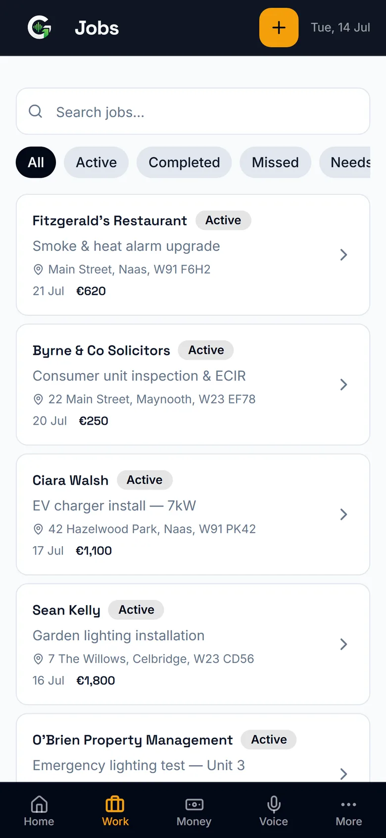 Grafta's jobs list — active jobs with addresses, dates and values