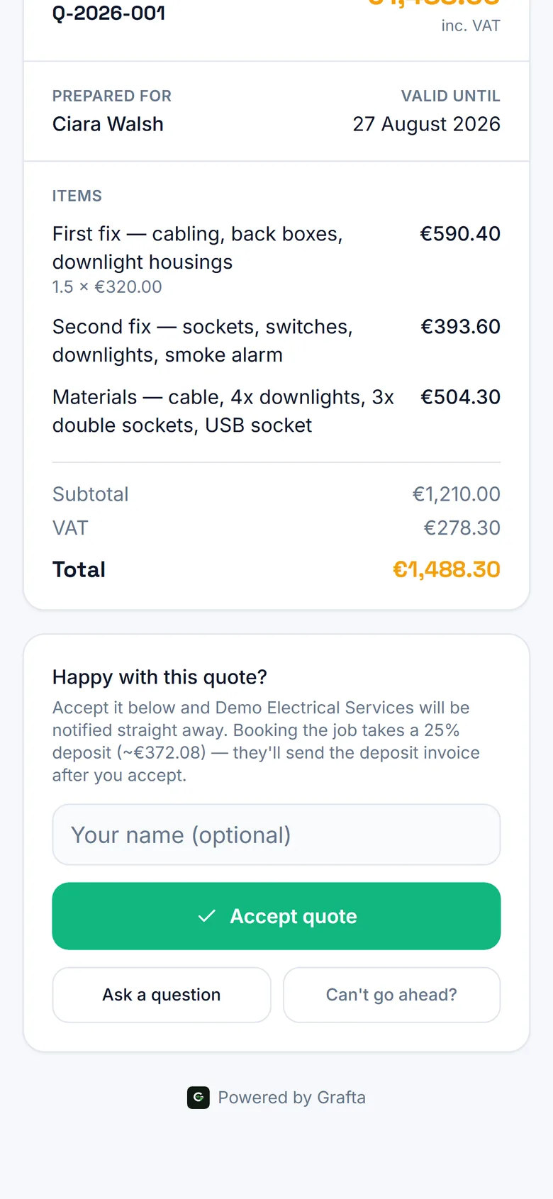 A customer's quote page — accept, ask a question, or decline