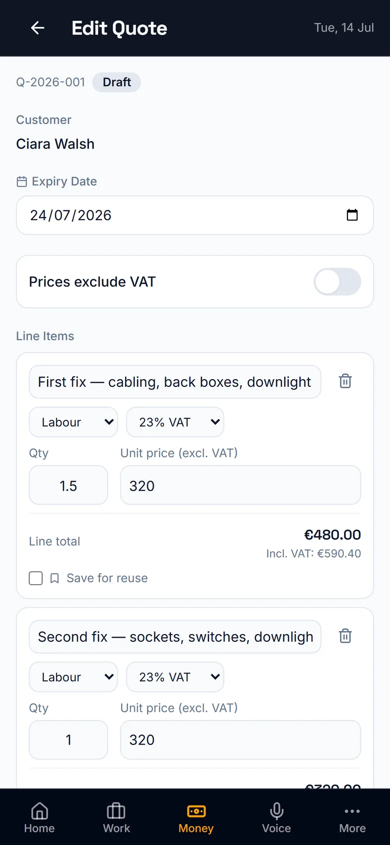 An itemised quote in Grafta with per-line VAT