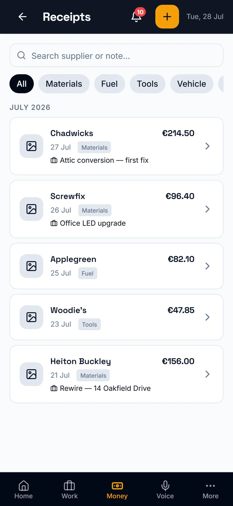 Grafta's receipts list with suppliers, amounts and VAT