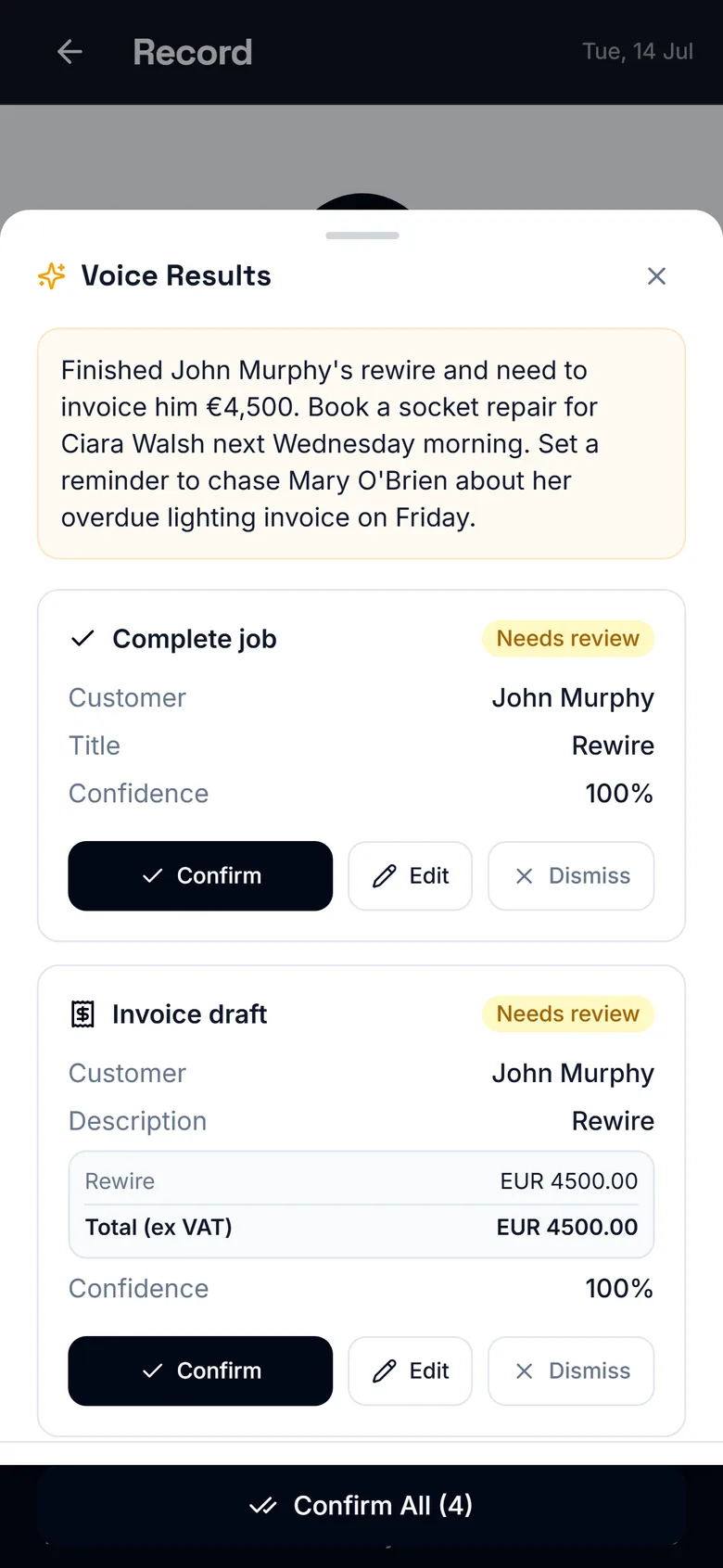 One voice note turned into four ready-to-confirm actions in Grafta